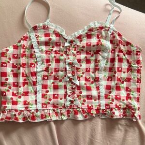 Cute crop top tank top red and white strawberry checkered picnic top ruffles